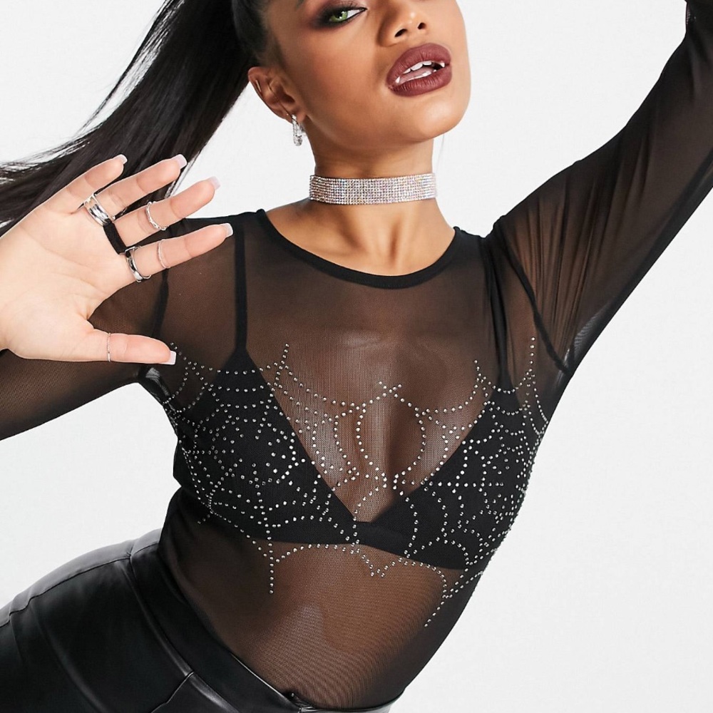 ASOS Halloween mesh bodysuit with crystal cobwebs